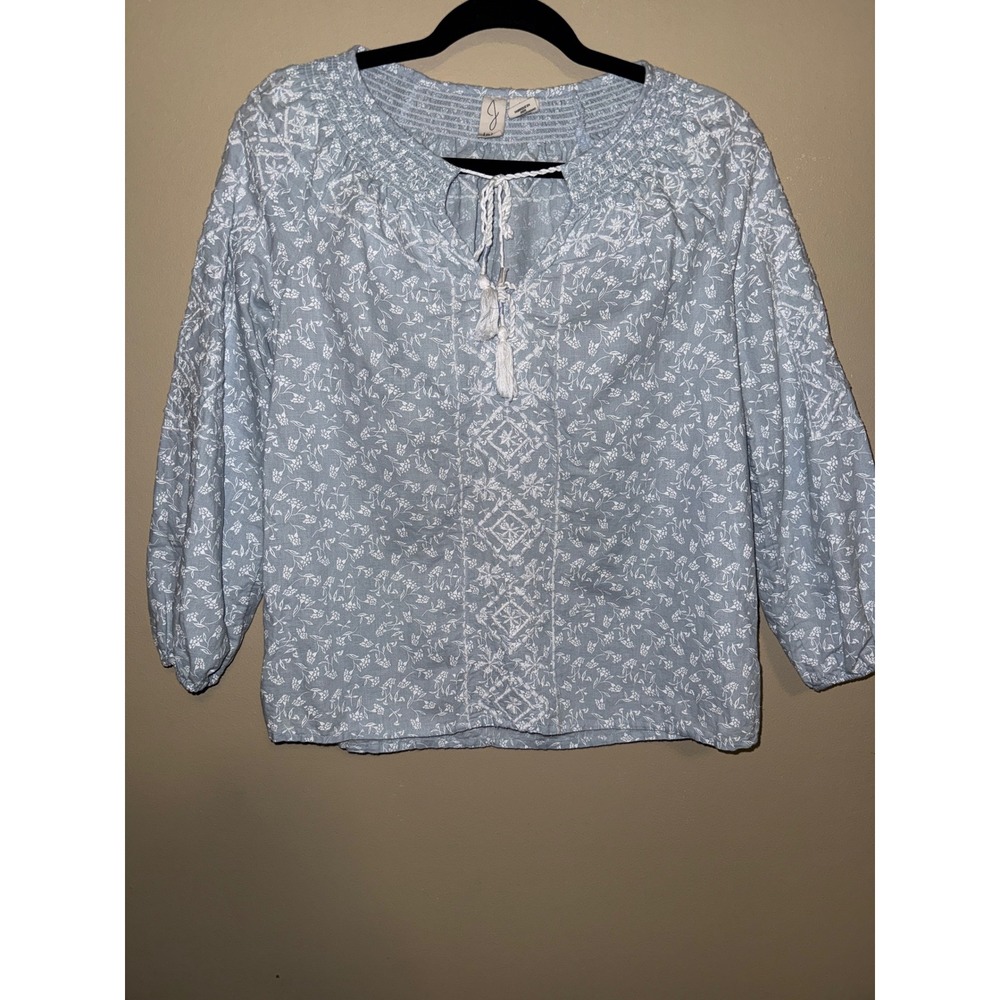 Joie Women Light Blue Floral Embroidered Peasant Blouse XS Linen/Cotton Ethereal